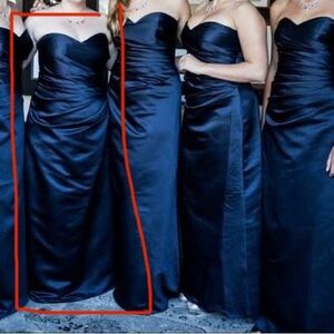 Midnight blue satin, strapless dress by Bill Levkoff